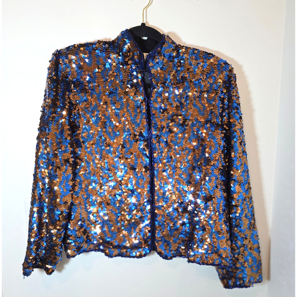 Vintage Beaded Sequin Silk Jacket M Black Gold Blue Maximalist Party Evening - Picture 1 of 11